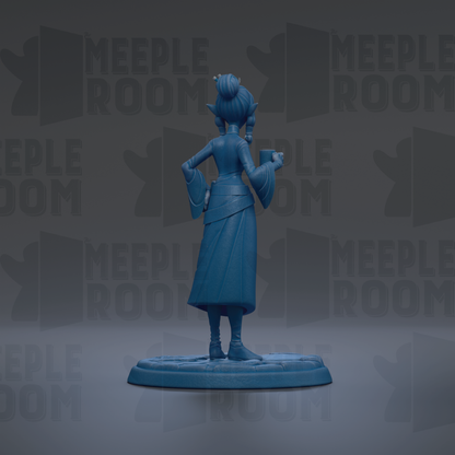 A blue figurine of a person standing on a platform, with the text "MEUPLE ROOM" repeated in the background.
