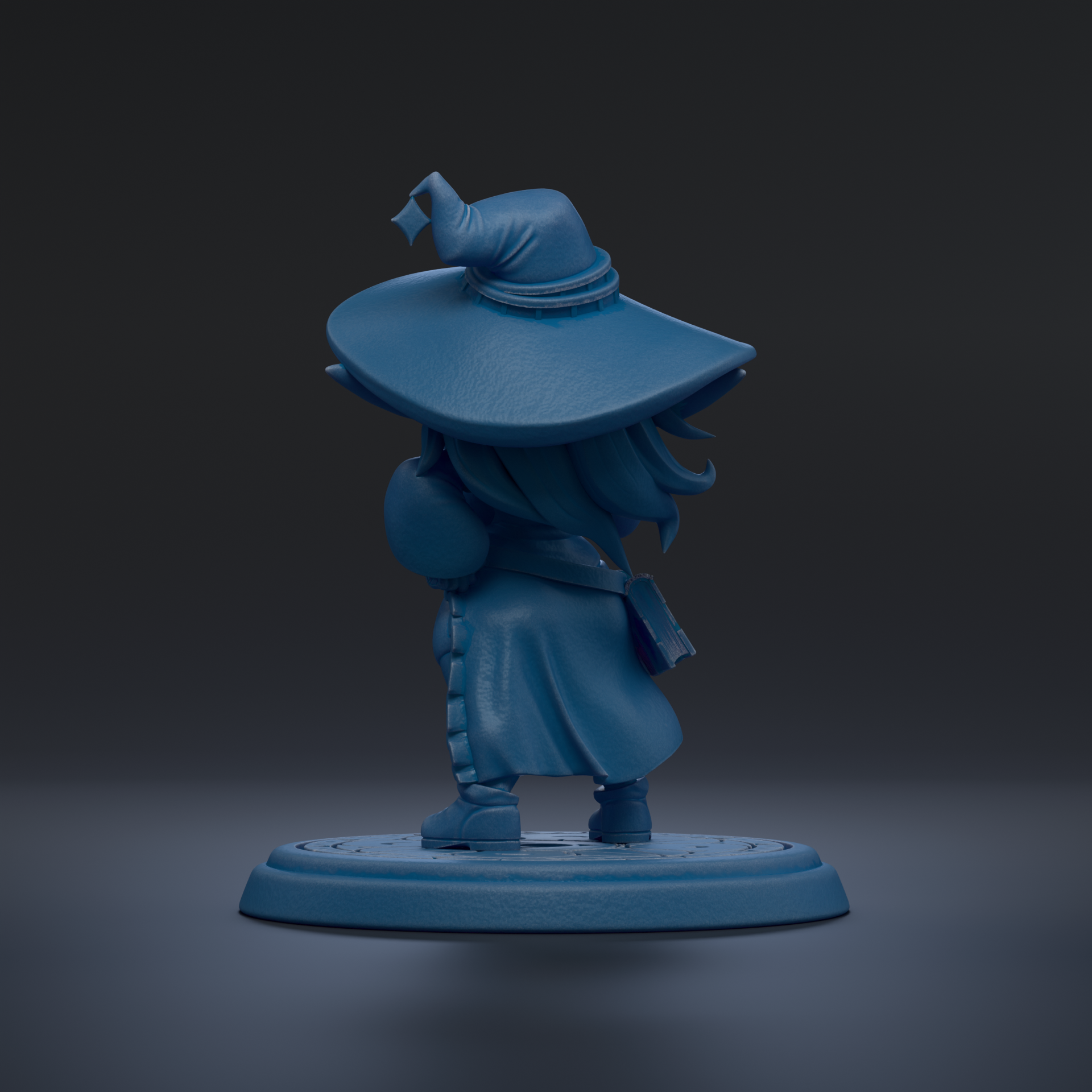 A blue 3D model of a character wearing a pointed hat, standing on a platform.