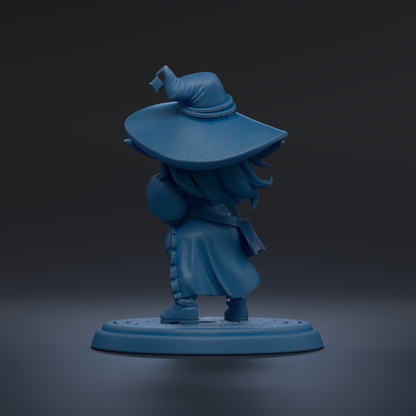 A blue 3D model of a character wearing a pointed hat, standing on a platform.