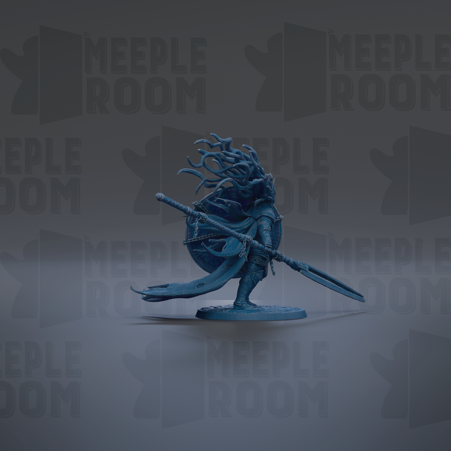 A blue figurine of a warrior wielding a spear and shield stands prominently against a dark background with repeated "MEIPLE ROOM" text.