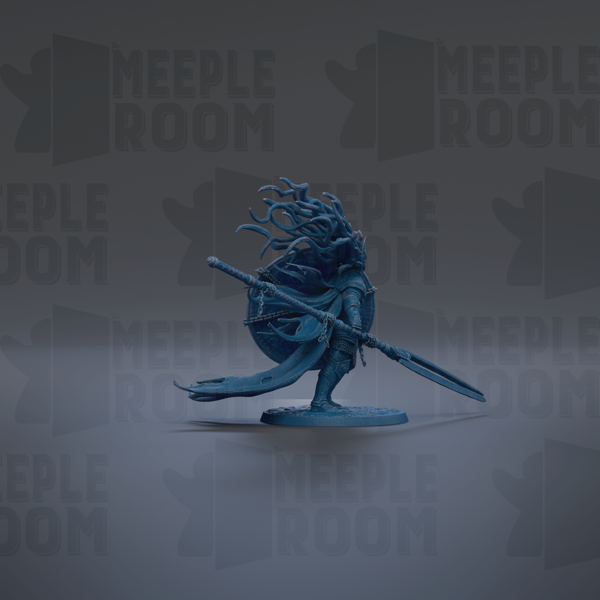 A blue figurine of a warrior wielding a spear and shield stands prominently against a dark background with repeated "MEIPLE ROOM" text.
