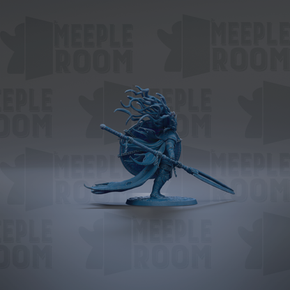 A blue figurine of a warrior wielding a spear and shield stands prominently against a dark background with repeated "MEIPLE ROOM" text.