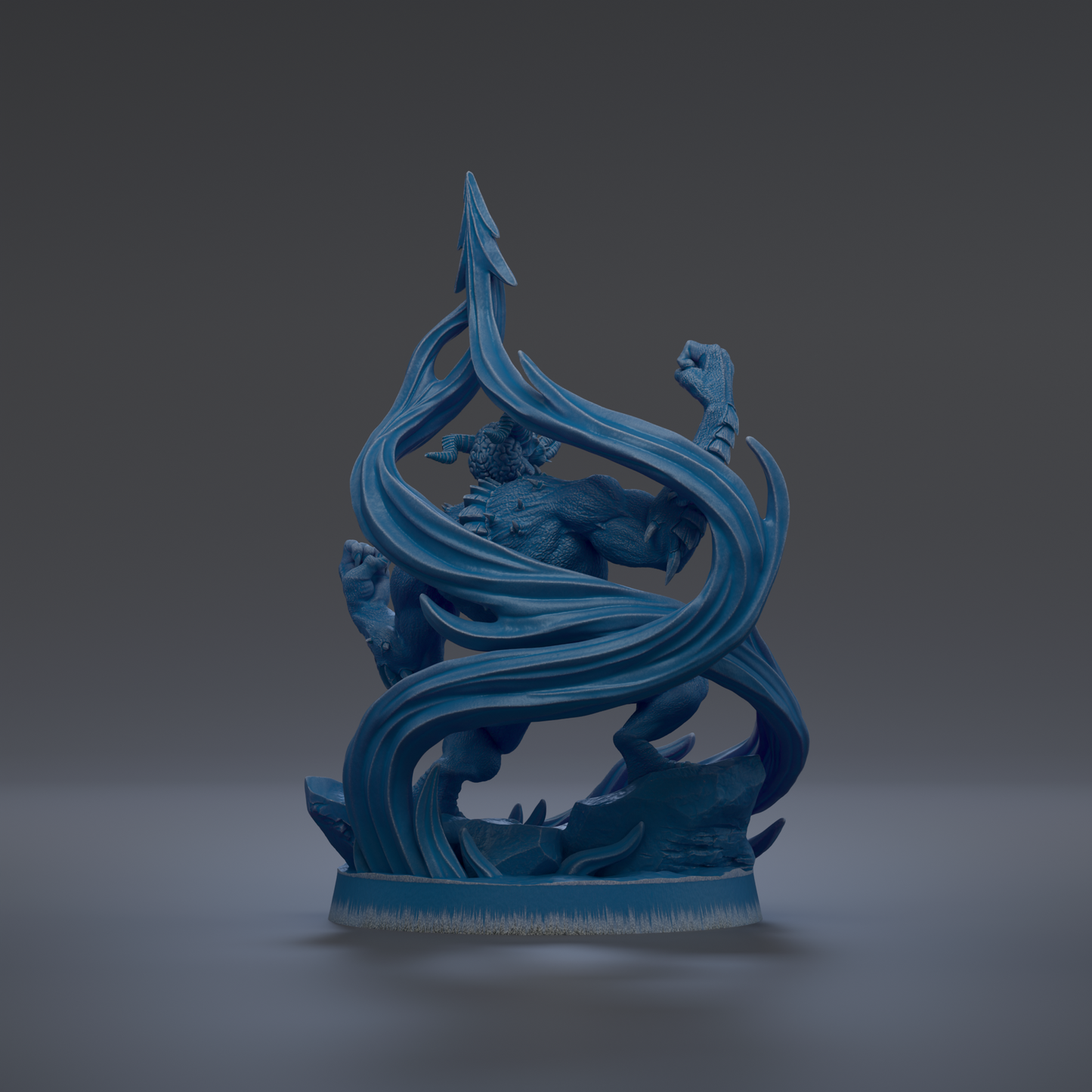 A blue, abstract sculpture with flowing, organic shapes and lines, resembling a wave or a dragon-like creature.