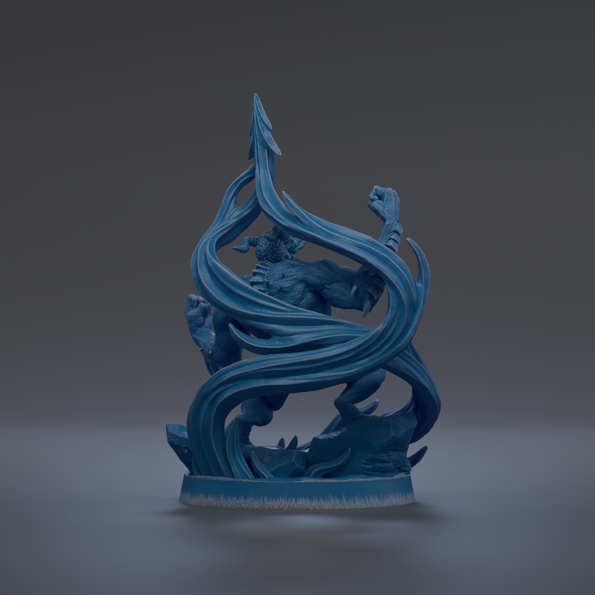 A blue, abstract sculpture with flowing, organic shapes and lines, resembling a wave or a dragon-like creature.