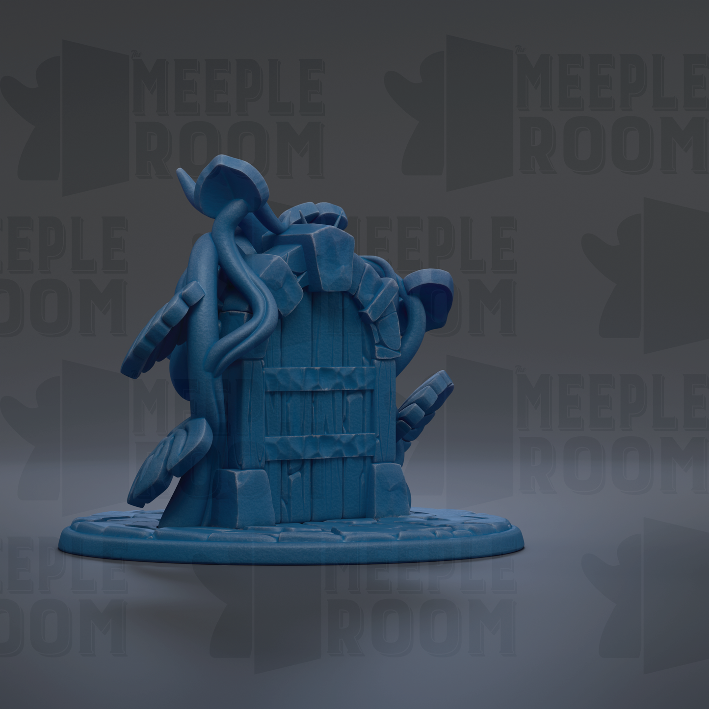A blue, 3D-rendered fantasy object resembling a castle or fortress, with intricate details and a dark, moody background.
