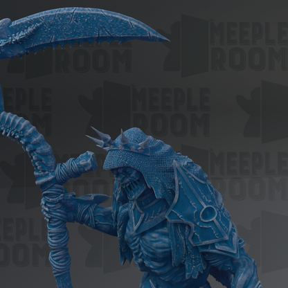 A dark blue, skull-like figure with a scowl and a large, curved weapon in its hand, set against a dark background with repeated text.