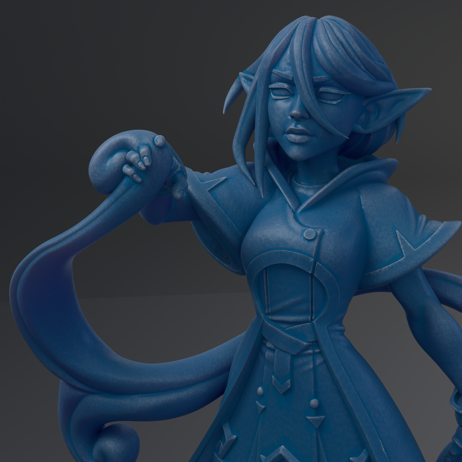 A blue, 3D-rendered female character with long hair and a flowing robe, holding a staff and appearing to be in a contemplative or thoughtful pose.