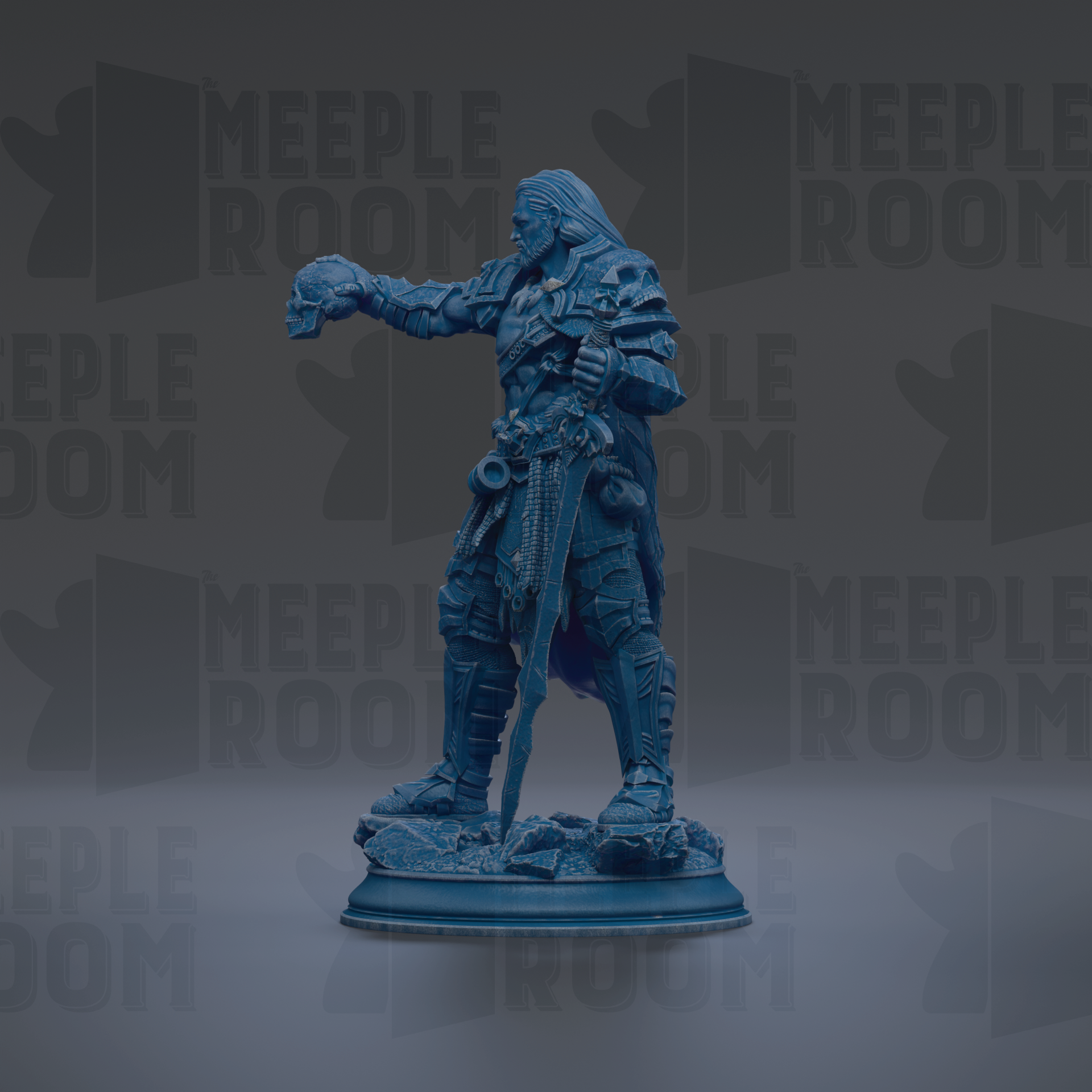 A blue figurine of a warrior standing on a pedestal, holding a weapon and wearing armor.