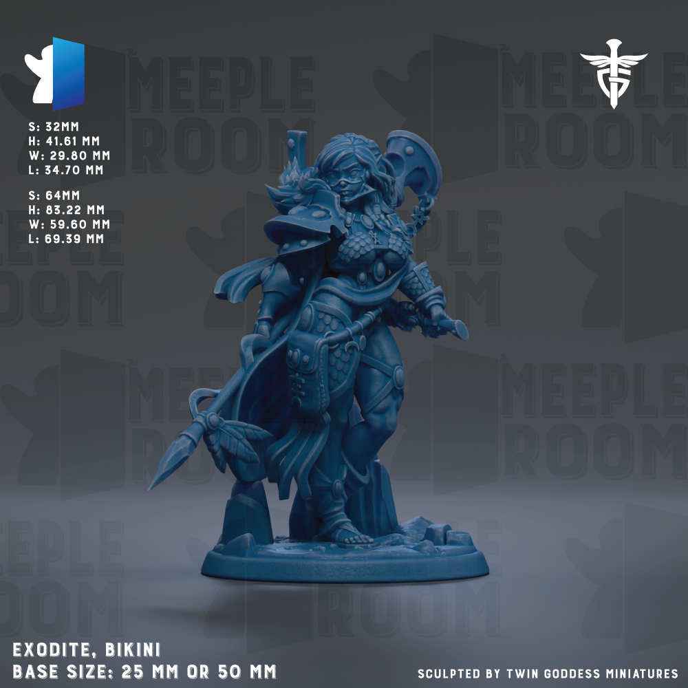 The image is a detailed 3D model of a fantasy character, specifically a warrior figure, with various weapons and armor. The character is depicted in a dynamic pose, standing on a base that is either 25mm or 50mm in size. The background of the image is a dark gray color, which contrasts with the blue color of the character and the base. The image is a collage of multiple images, and it is described as a "sculpted by Twin Goddess miniatures".