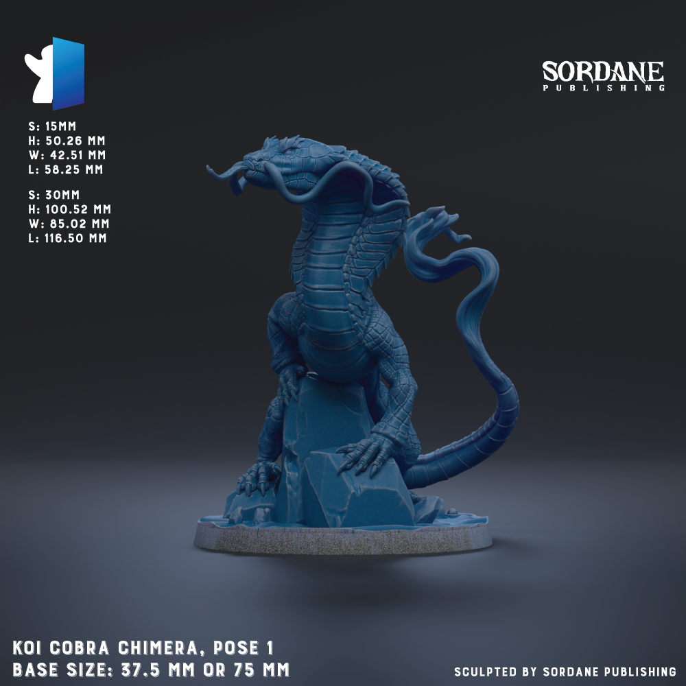 The image is a 3D rendering of a cobra chimaera figurine, which is a type of fantasy creature with the body of a cobra and the head of a dragon. The figurine is posed in a standing position, with its head raised and its tongue sticking out. The base size of the figurine is 37.5 mm or 75 mm, depending on the perspective. The image is published by Sordane Publishing.