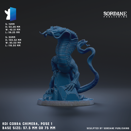 The image is a 3D rendering of a cobra chimaera figurine, which is a type of fantasy creature with the body of a cobra and the head of a dragon. The figurine is posed in a standing position, with its head raised and its tongue sticking out. The base size of the figurine is 37.5 mm or 75 mm, depending on the perspective. The image is published by Sordane Publishing.