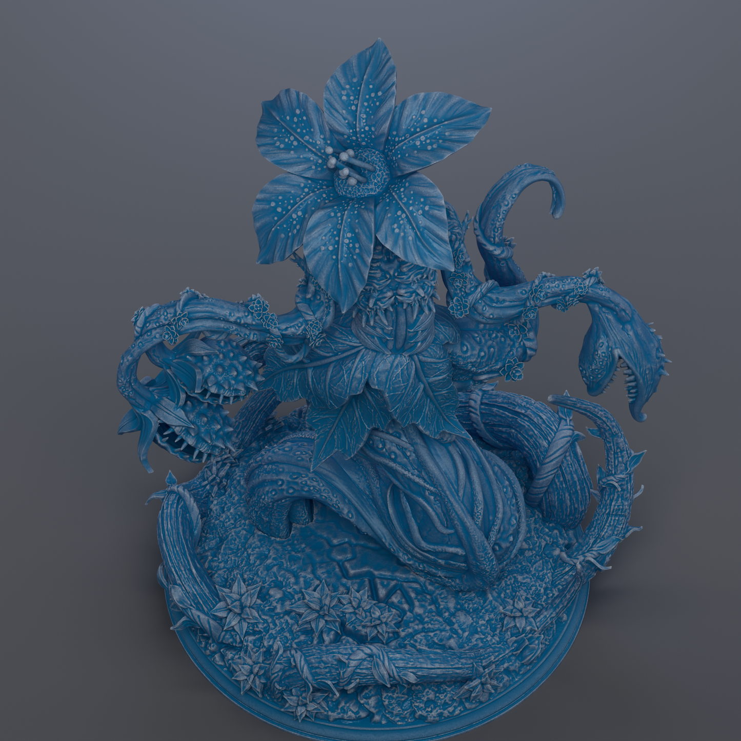 A detailed 3D rendering of a fantastical, blue-colored creature with intricate, organic-looking features, including a large flower-like structure on top.