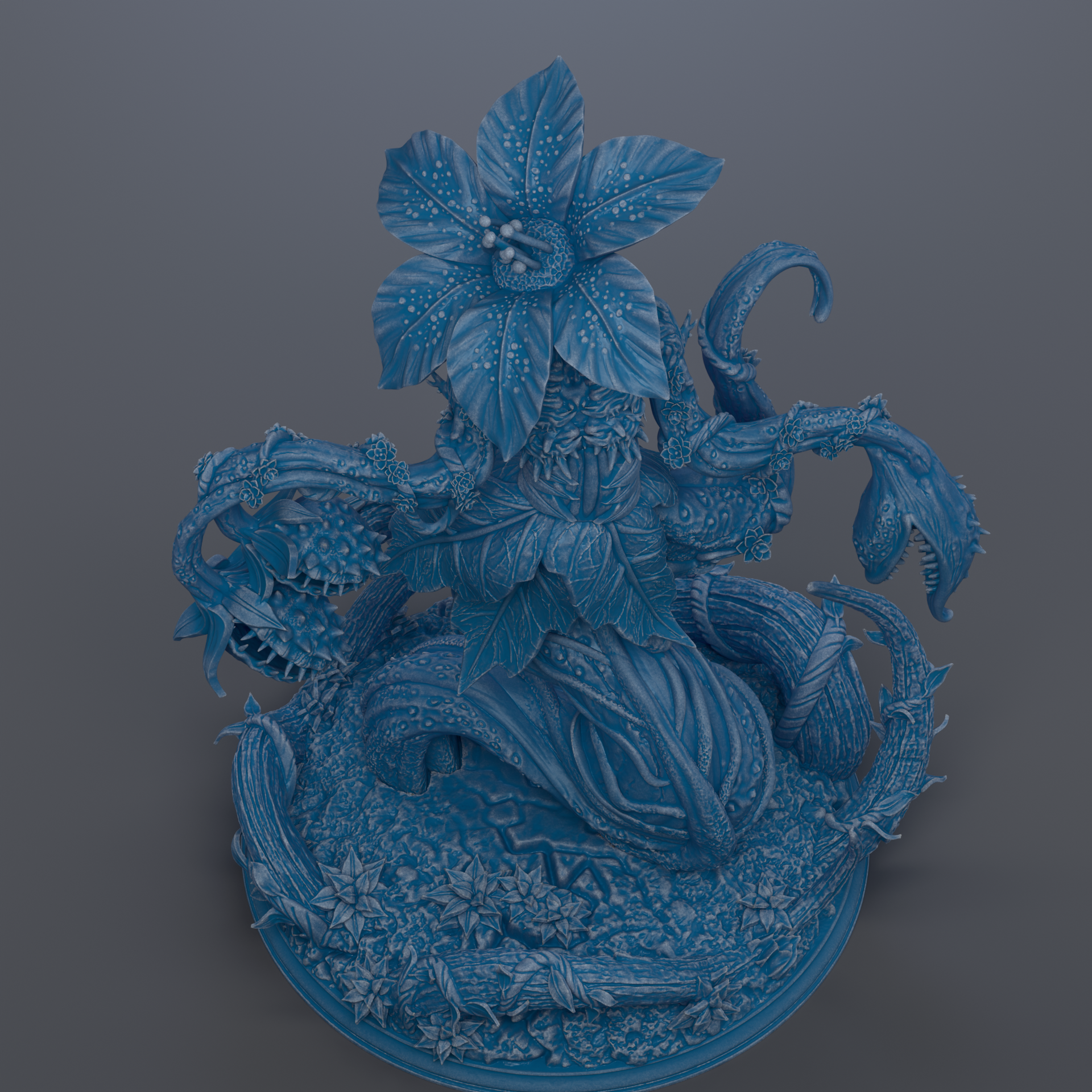 A detailed 3D rendering of a fantastical, blue-colored creature with intricate, organic-looking features, including a large flower-like structure on top.