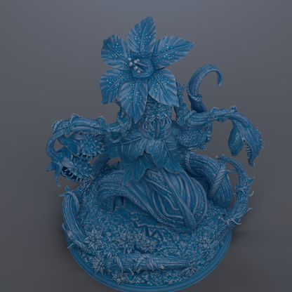 A detailed 3D rendering of a fantastical, blue-colored creature with intricate, organic-looking features, including a large flower-like structure on top.