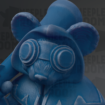 A close-up of a blue, cartoonish-looking bear statue with large eyes and a hat, set against a dark background with repeated text.