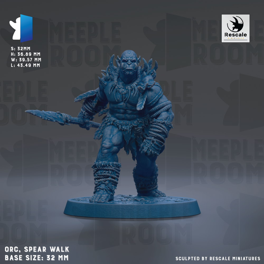 a detailed, blue-colored figurine of a warrior-like character, likely a fantasy or science fiction minifigure, standing on a base and holding a spear. The figurine is described as an "ORC. SPEAR WALK" and has a base size of 32mm. The image is a collage of various images, and it is not a single image but a collection of images that together create a single scene.