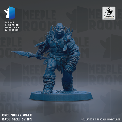a detailed, blue-colored figurine of a warrior-like character, likely a fantasy or science fiction minifigure, standing on a base and holding a spear. The figurine is described as an "ORC. SPEAR WALK" and has a base size of 32mm. The image is a collage of various images, and it is not a single image but a collection of images that together create a single scene.