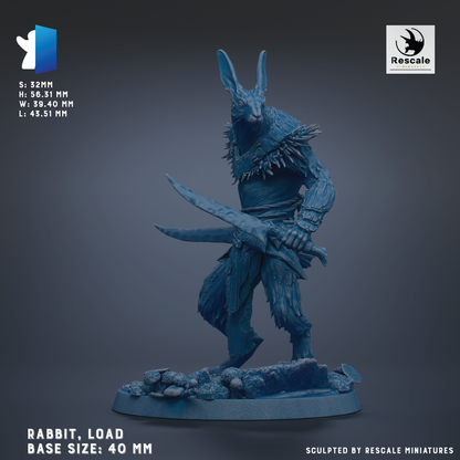 a blue rabbit figurine holding a sword, standing on a base. The rabbit is the main subject of the image, and the base is described as 40 mm in size. The image is a figurine, not a photograph, and it is not a collage of multiple images. The rabbit is the central focus of the image, and the base is described as 40 mm in size.