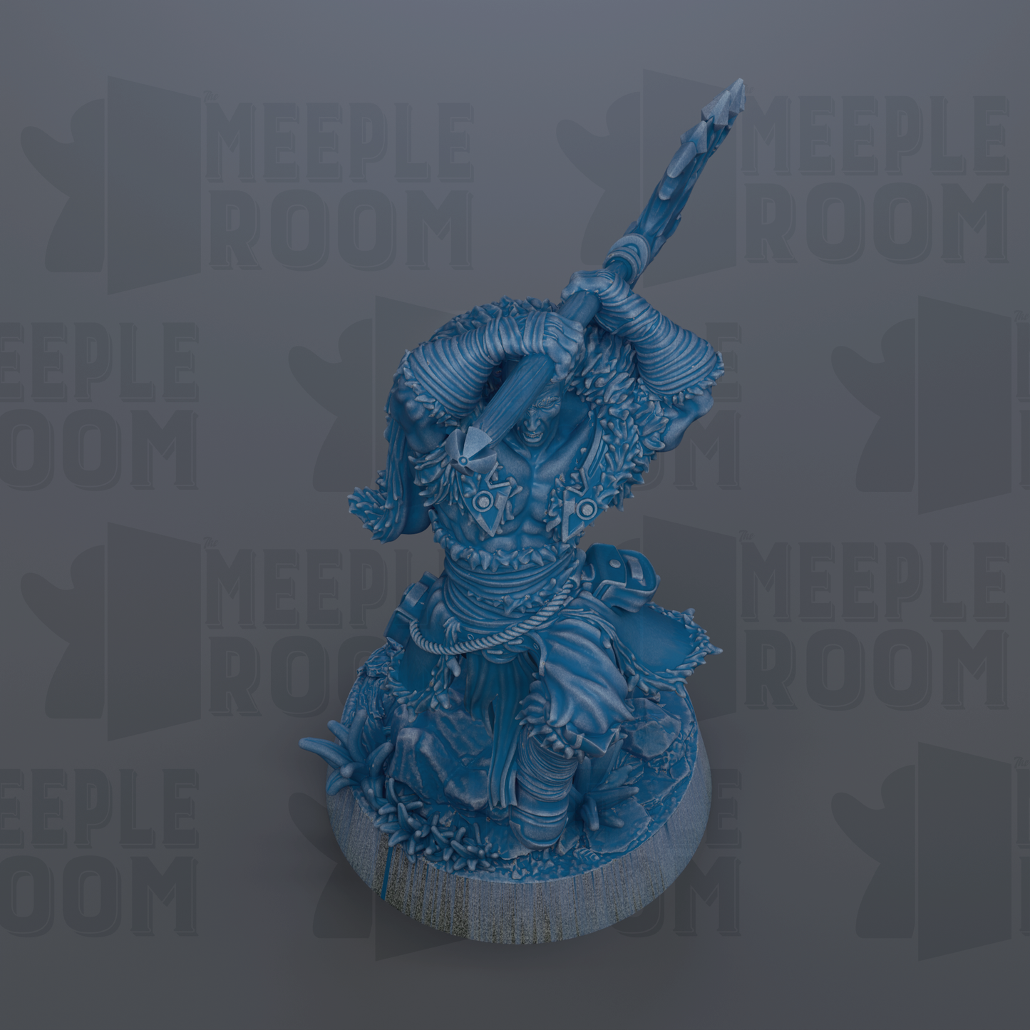 A 3D rendering of a blue, intricate statue or sculpture with a pointed weapon in its hand, set against a gray background with repeated text.