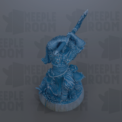 A 3D rendering of a blue, intricate statue or sculpture with a pointed weapon in its hand, set against a gray background with repeated text.