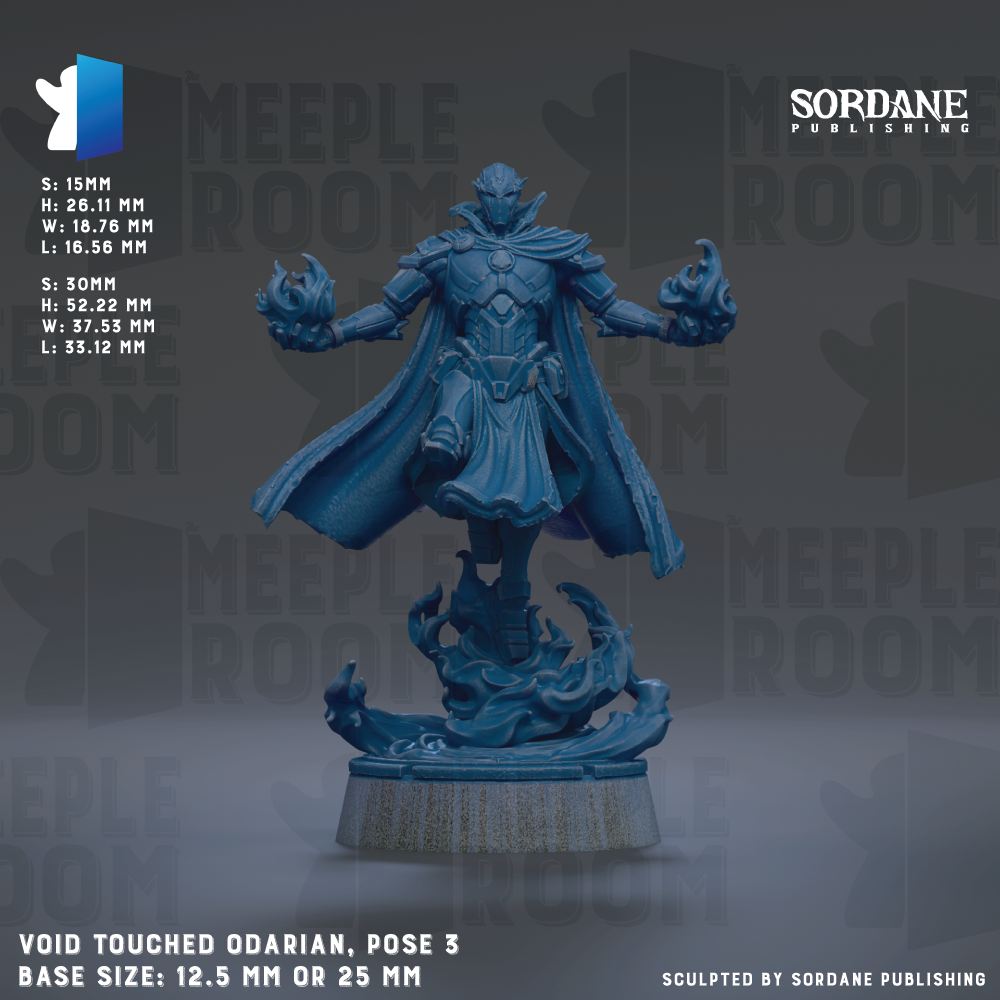 a blue figurine of a character with a flowing cape and a sword, standing on a platform. The figurine is described as a "VOID TOUCHED OARDIAN, POSE 3" and has a base size of either 12.5 mm or 25 mm. The image is a collage of multiple images, and it is described as a "Sculpted by Sordane Publishing".