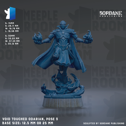 a blue figurine of a character with a flowing cape and a sword, standing on a platform. The figurine is described as a "VOID TOUCHED OARDIAN, POSE 3" and has a base size of either 12.5 mm or 25 mm. The image is a collage of multiple images, and it is described as a "Sculpted by Sordane Publishing".