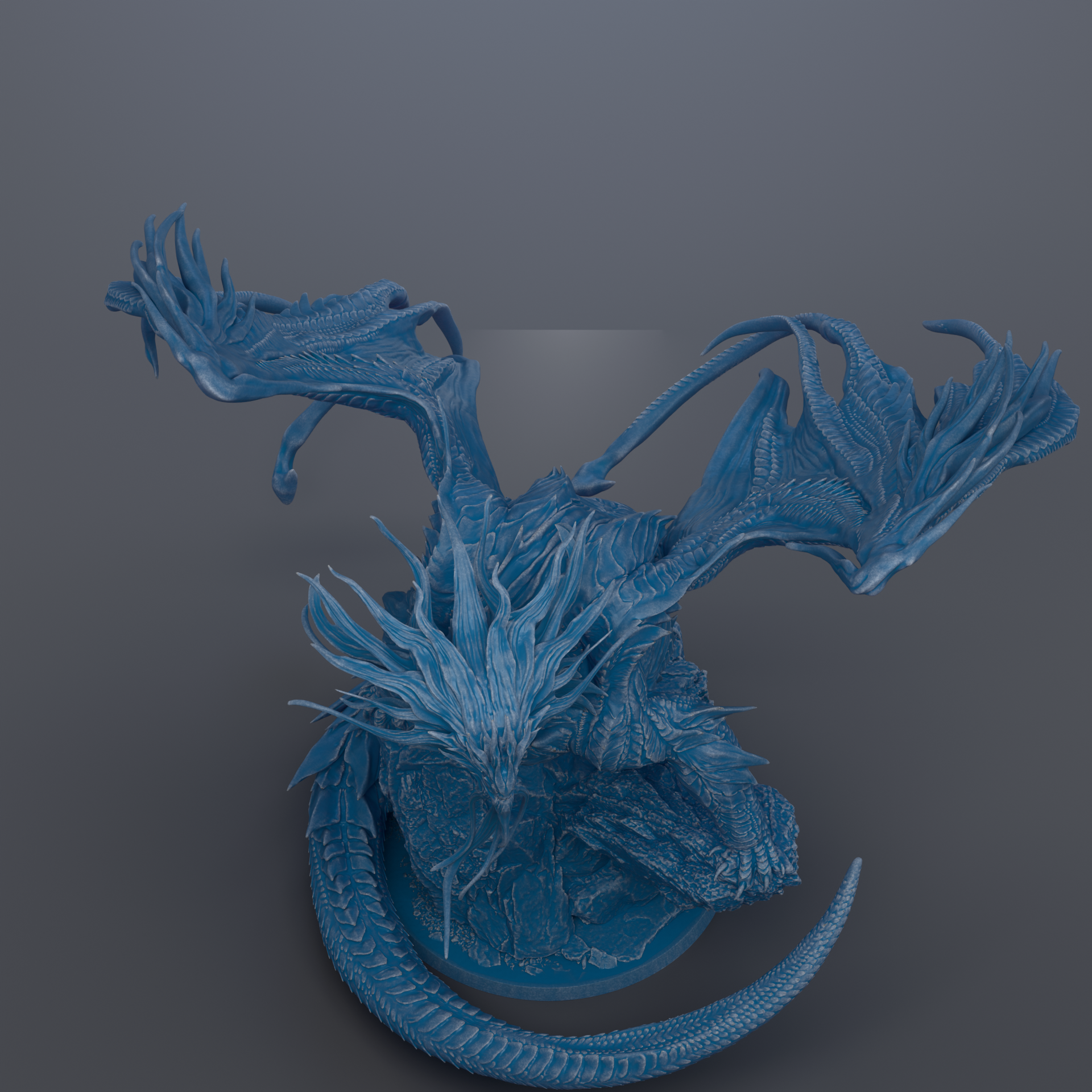 A detailed 3D rendering of a blue dragon-like creature with intricate scales and wings, set against a dark background.