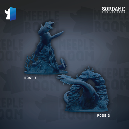 two blue figurines of creatures, one standing on a rock and the other on a rock formation, set against a dark background with repeated text.