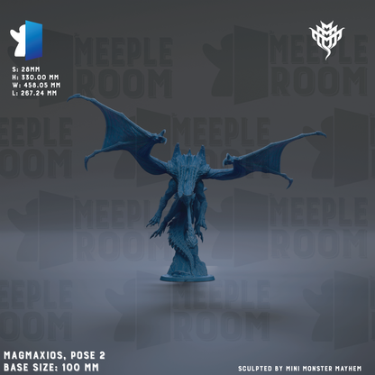 The image is a 3D rendering of a blue dragon statue with wings spread wide, positioned on a base. The background is a dark gray color, and the image contains text that provides information about the statue, including its size and base.