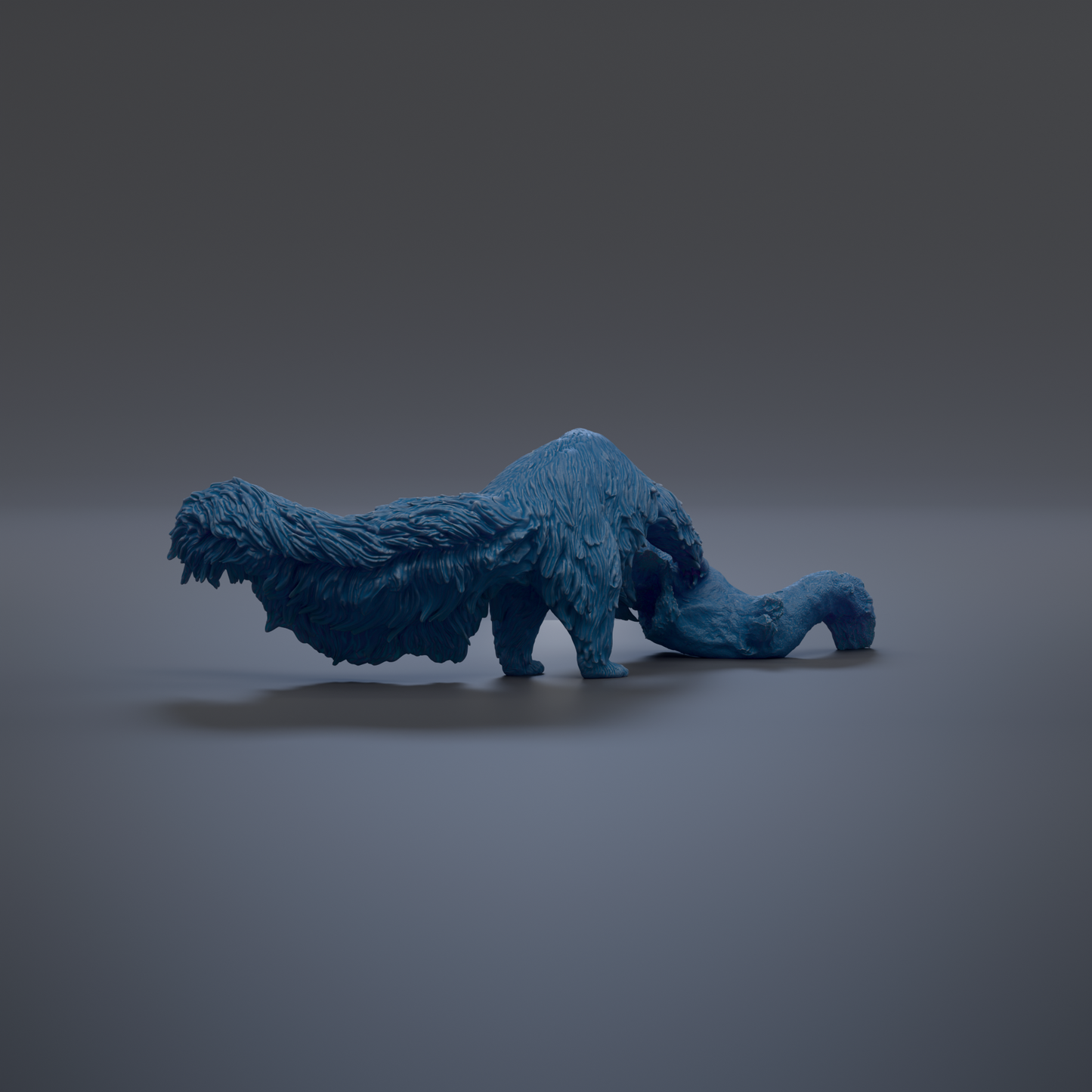 A blue, furry toy resembling a small animal or creature is shown in the image.