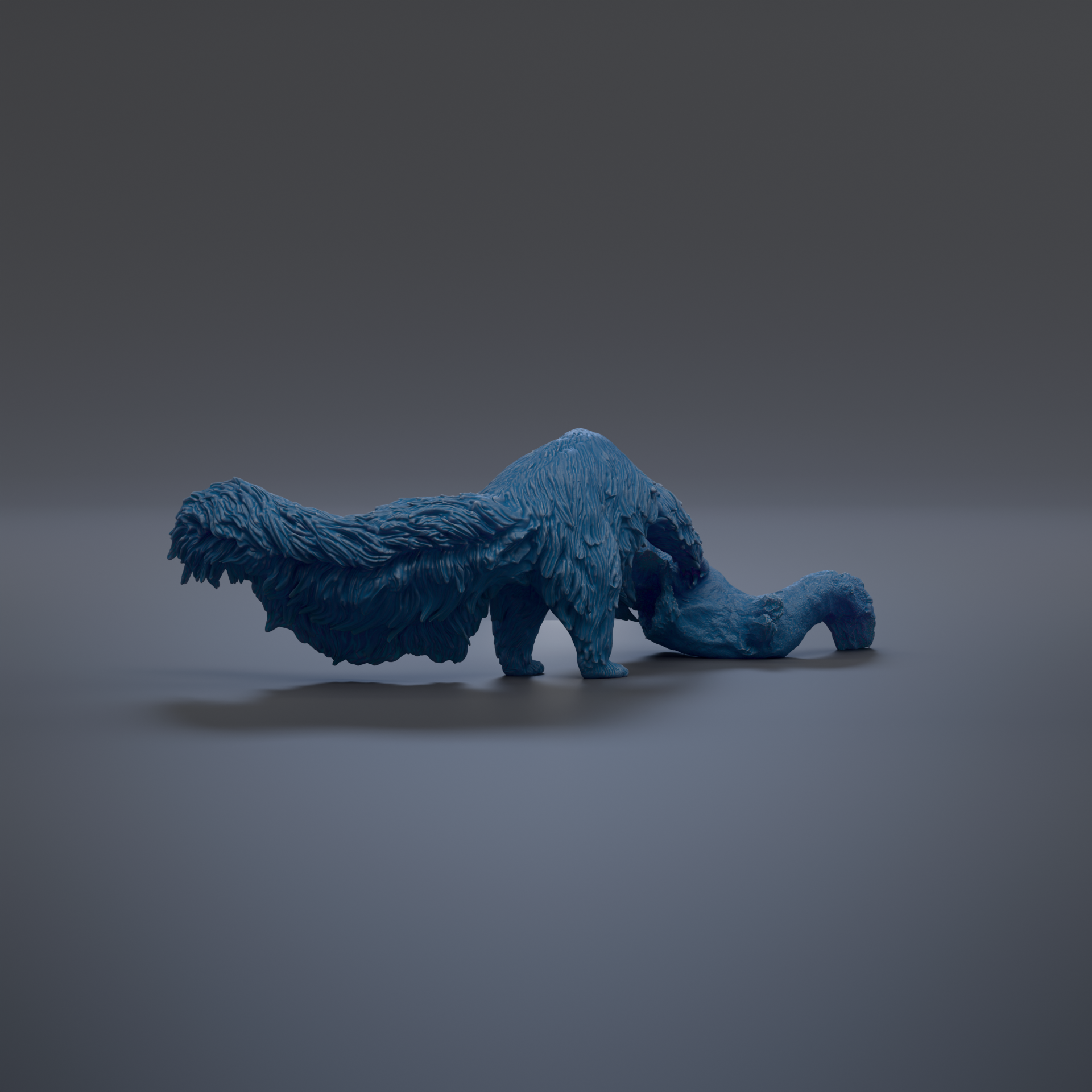 A blue, furry toy resembling a small animal or creature is shown in the image.