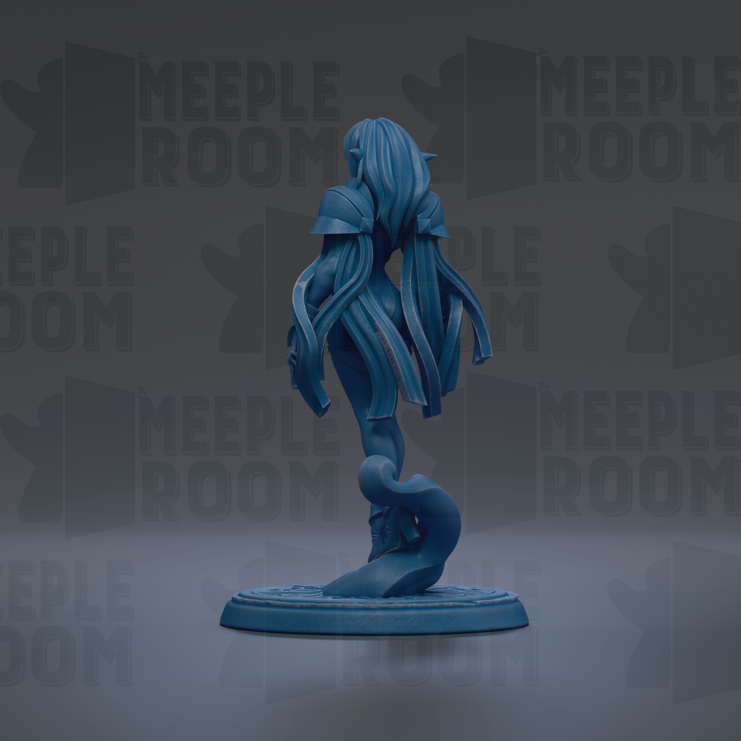 A blue figurine of a female character with long hair and flowing robes stands on a circular base against a dark background with repeated text.