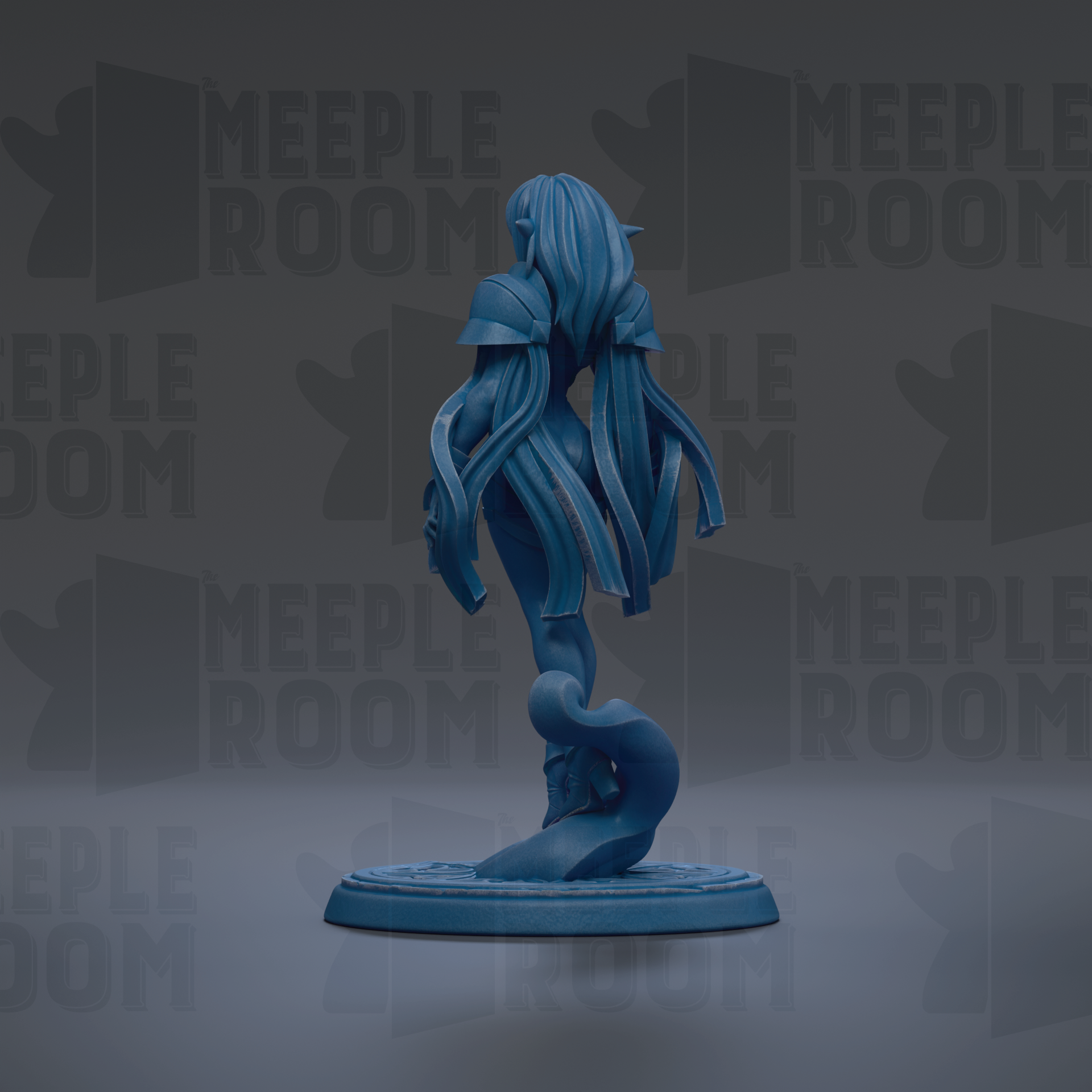 A blue figurine of a female character with long hair and flowing robes stands on a circular base against a dark background with repeated text.