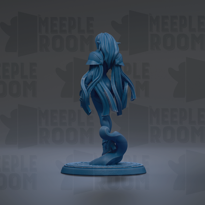 A blue figurine of a female character with long hair and flowing robes stands on a circular base against a dark background with repeated text.