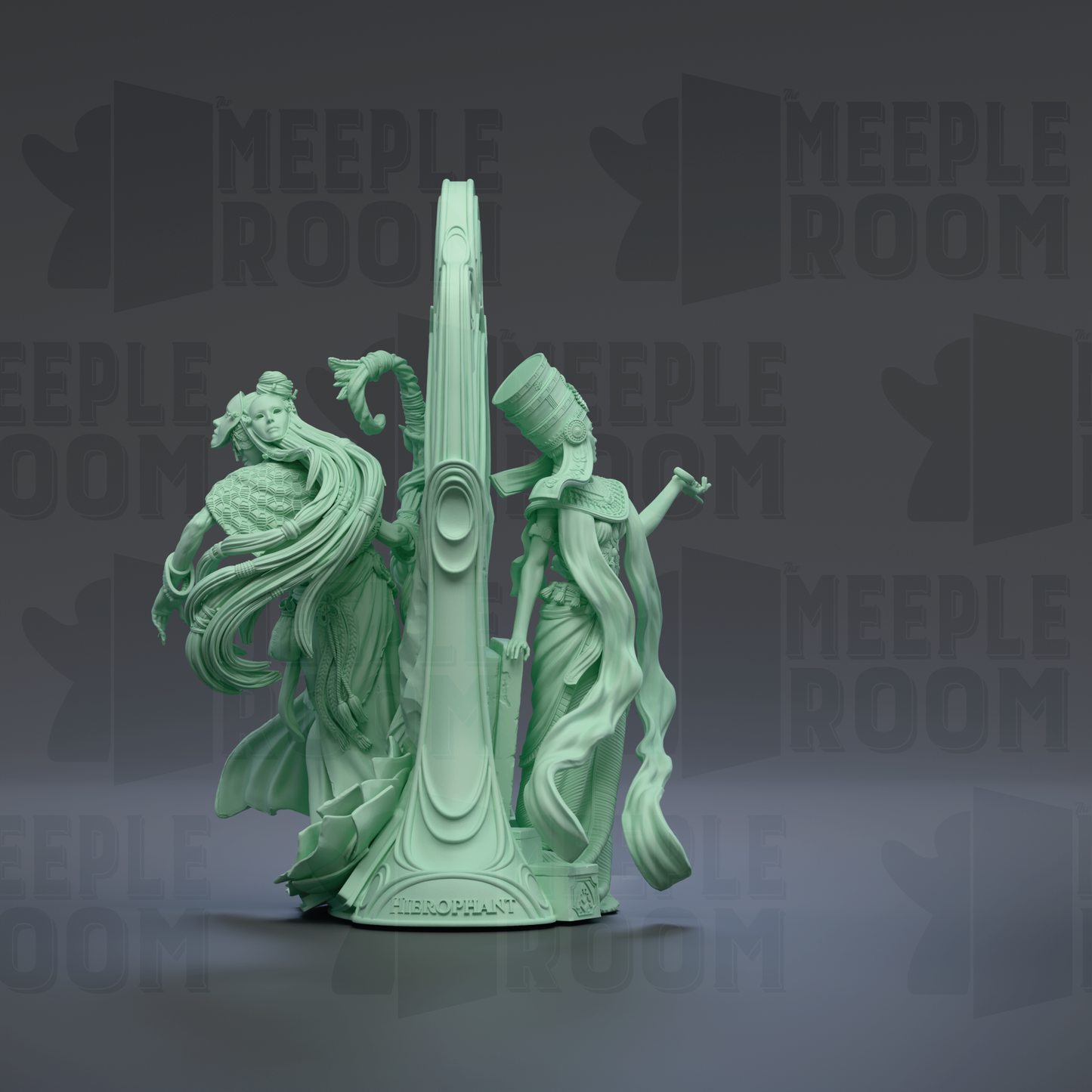 A 3D rendering of a statue depicting two figures, one with long hair and the other with a headdress, standing on a pedestal with the word "MEEPLE ROOM" written on it.