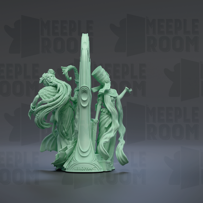 A 3D rendering of a statue depicting two figures, one with long hair and the other with a headdress, standing on a pedestal with the word "MEEPLE ROOM" written on it.