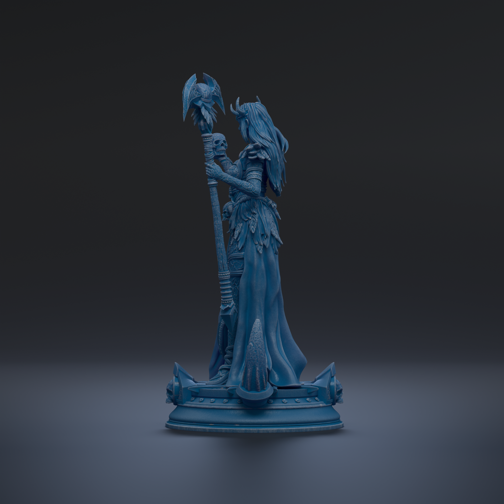 A blue statue of a woman holding a staff and a shield, standing on a pedestal against a dark background.