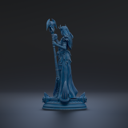 A blue statue of a woman holding a staff and a shield, standing on a pedestal against a dark background.