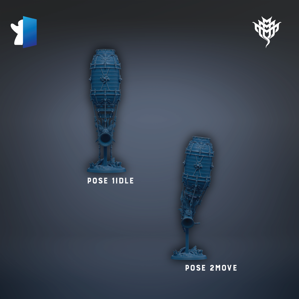 two blue objects, one standing upright and the other tilted on its side, with the text "POSE 1DLE" and "POSE 2MOVE" indicating the pose of each object.