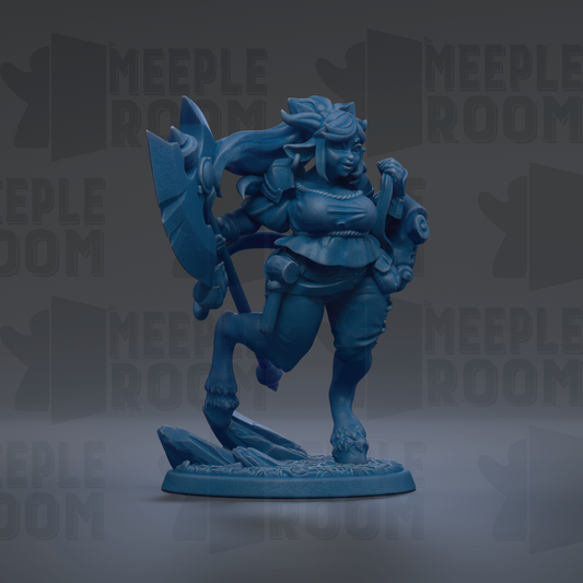 A blue figurine of a female character with a large headdress and a sword, standing on a base.