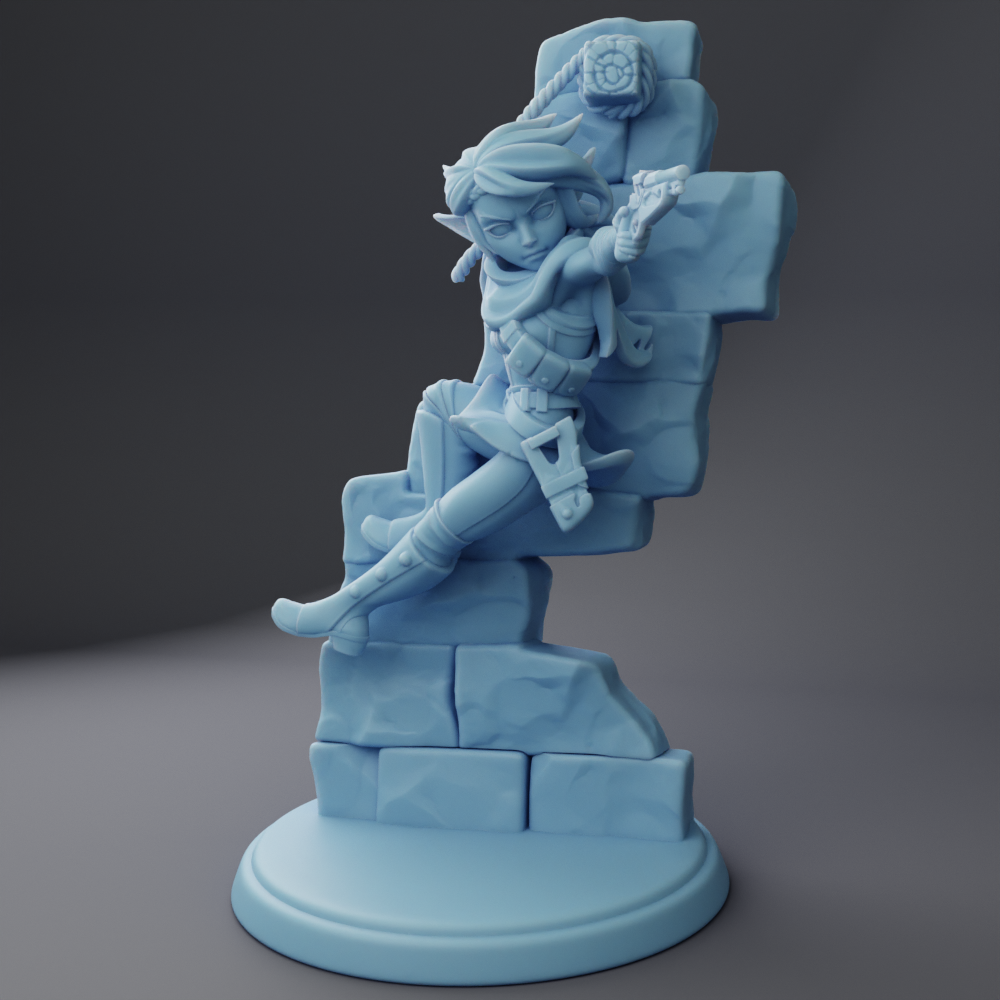 A 3D rendering of a female character, possibly a fairy or elf, sitting on a rock formation and holding a weapon.