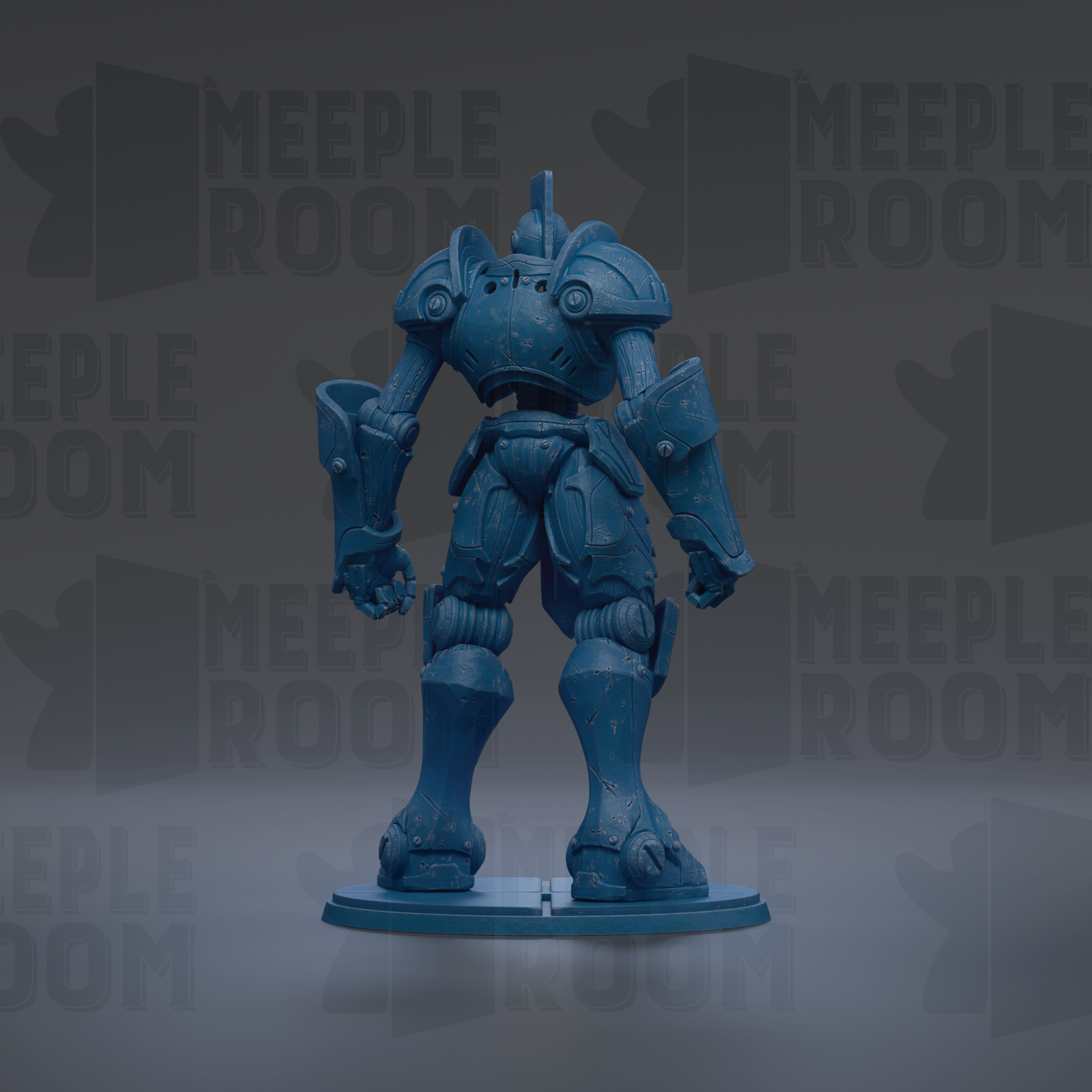 A blue, metallic robot figurine is standing on a base against a dark background with repeated text.