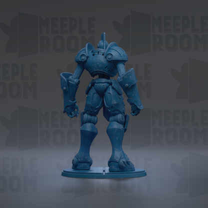 A blue, metallic robot figurine is standing on a base against a dark background with repeated text.