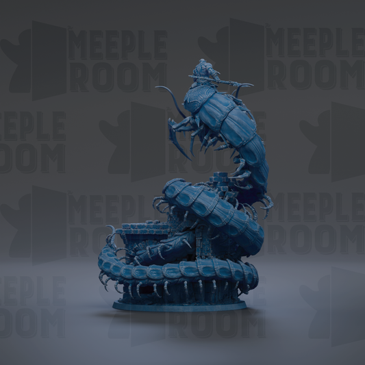 A 3D rendering of a blue, metallic creature resembling a cobra or serpent, with a human-like head and body. The creature is standing on a base and appears to be in a defensive posture.