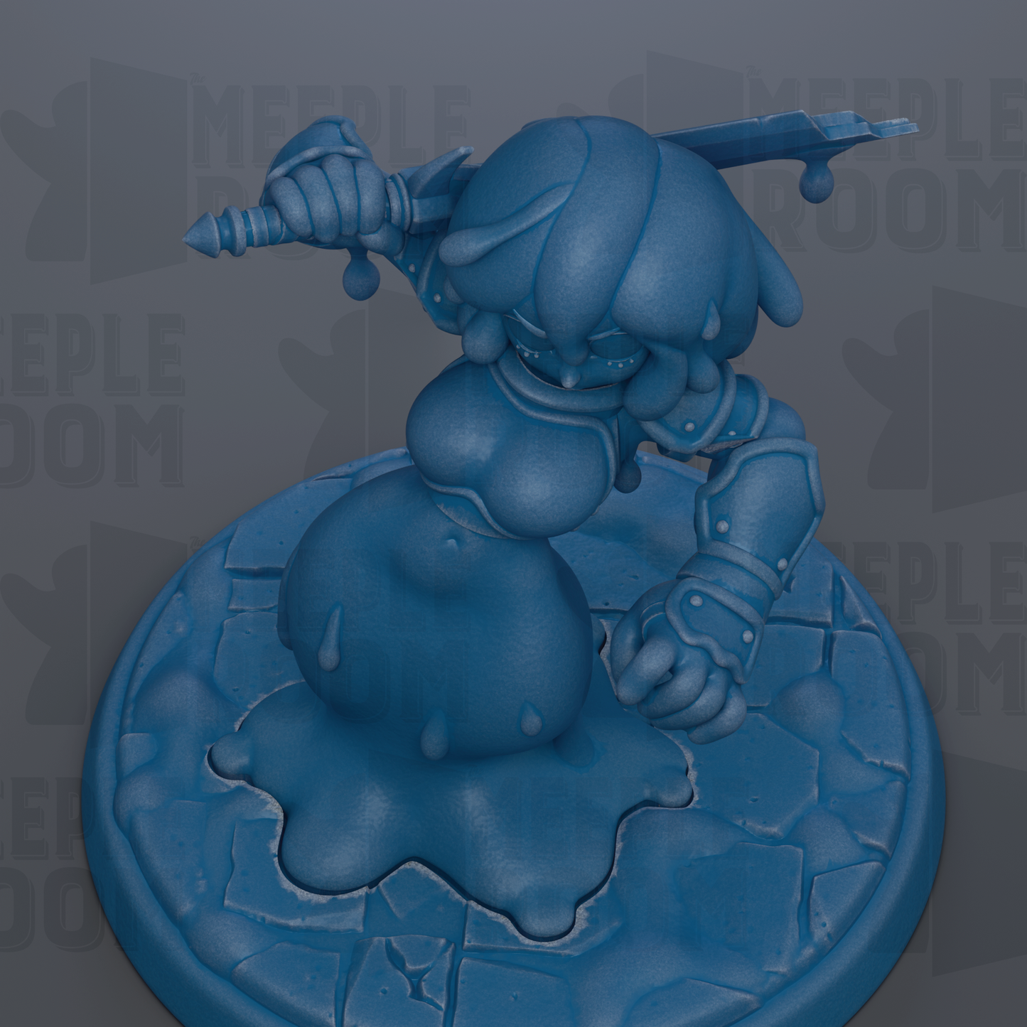 A blue, 3D-rendered character with a sword in its hand, standing on a blue base with a cracked surface.