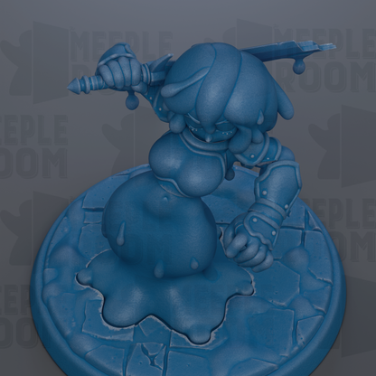 A blue, 3D-rendered character with a sword in its hand, standing on a blue base with a cracked surface.