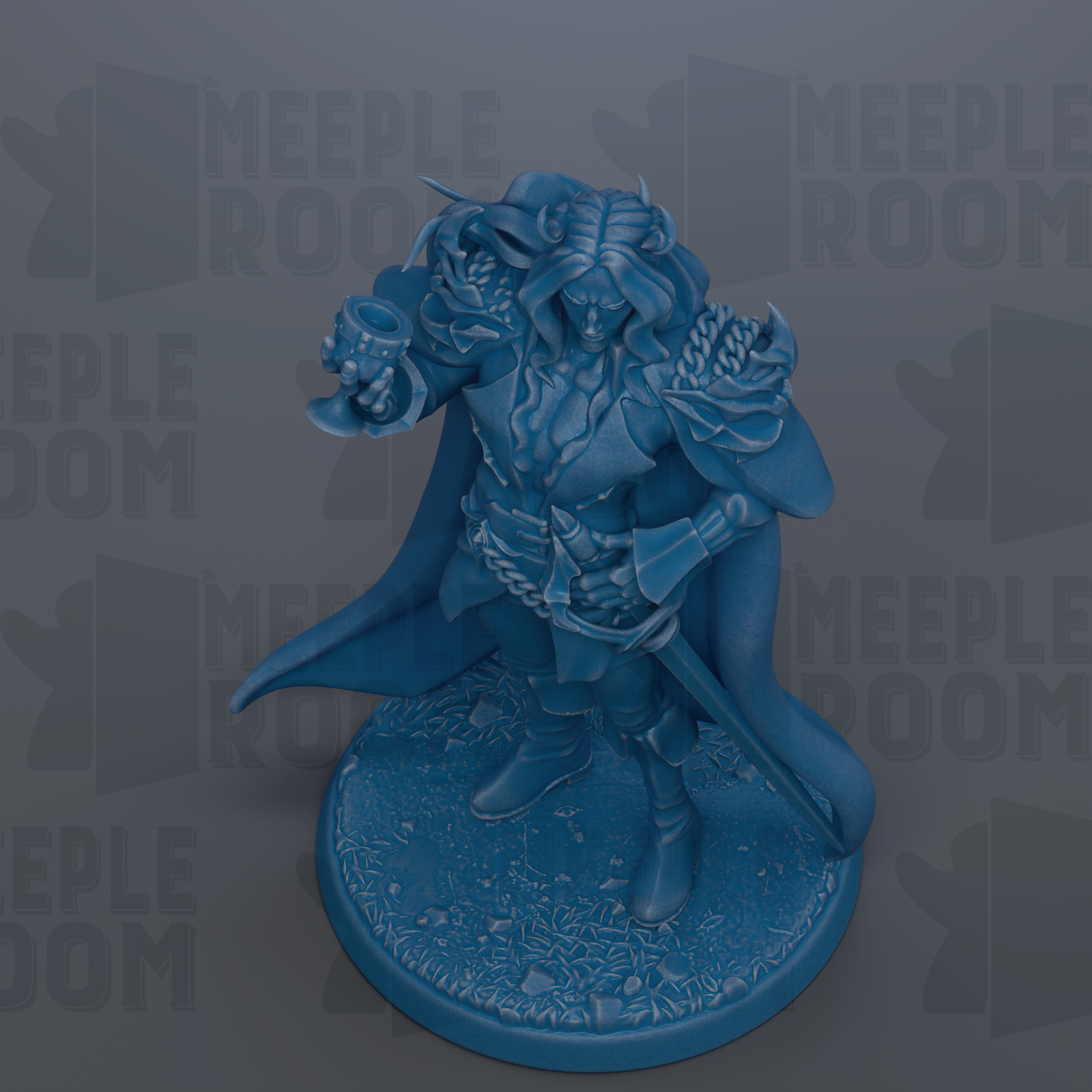 A blue figurine of a character with horns and a flowing cape, standing on a base with a textured surface.