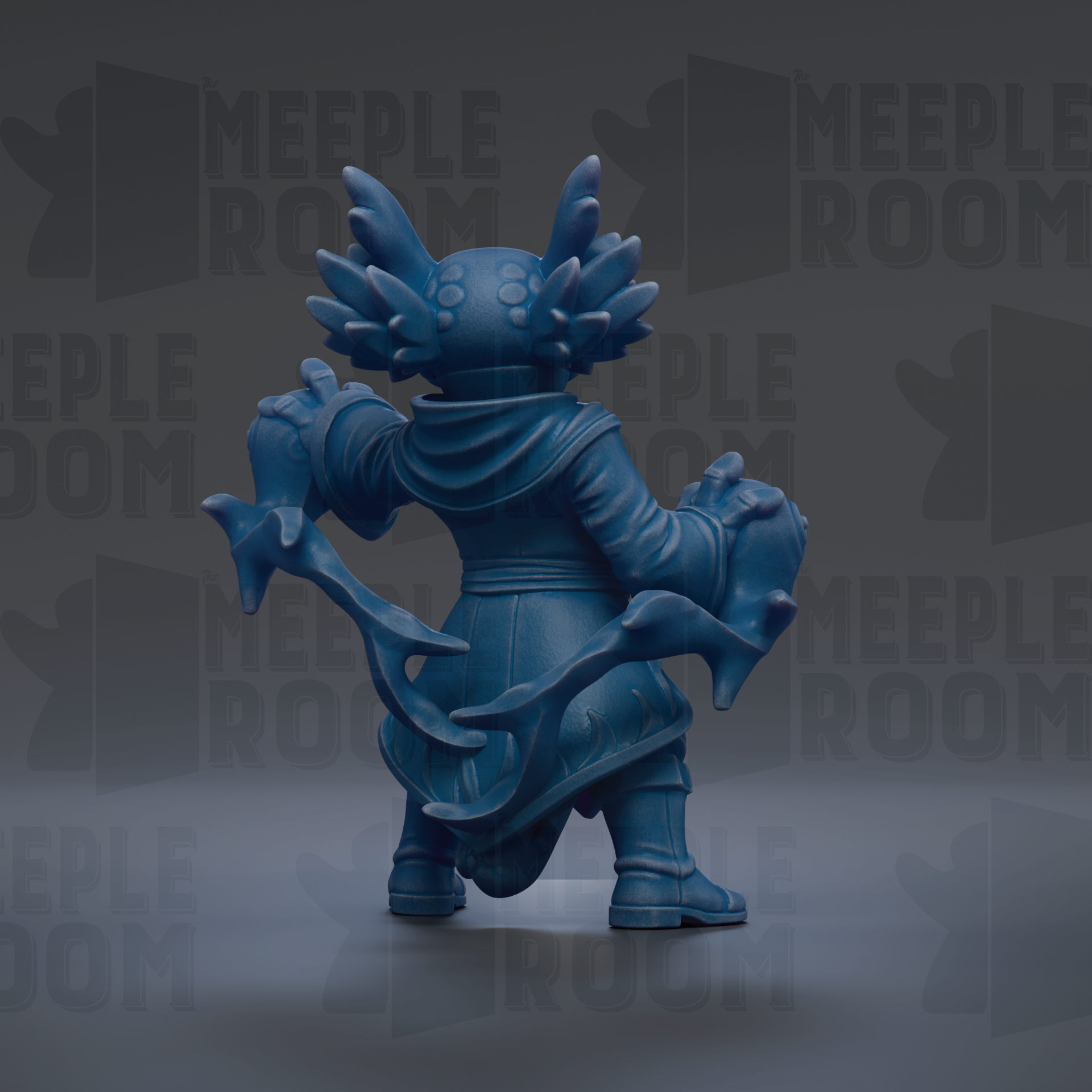 A blue figurine of a fantastical creature with large ears and sharp claws, standing on a gray surface against a dark background with repeated text.