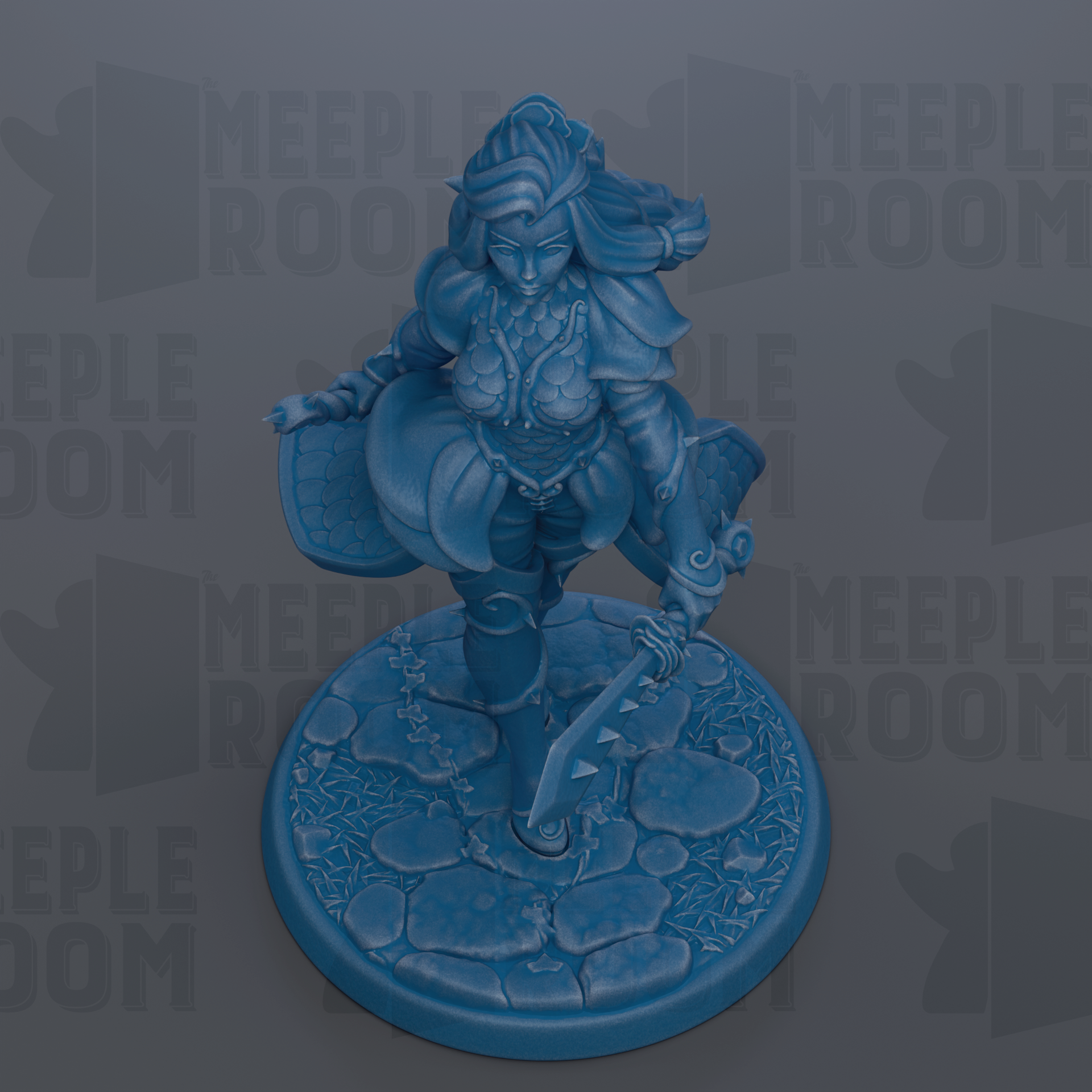 A blue figurine of a female character with flowing hair and a flowing skirt, holding a sword and standing on a rocky base.