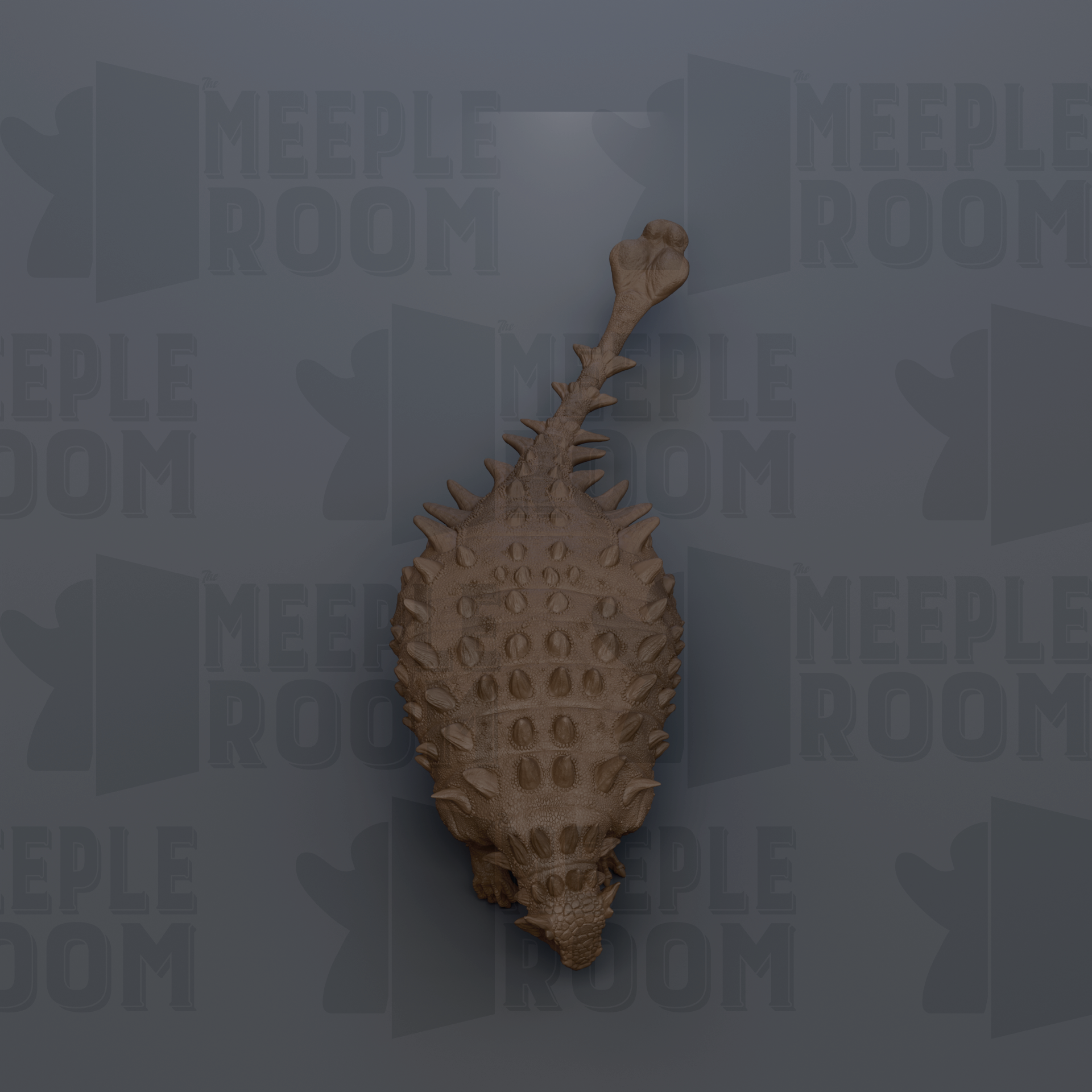 a detailed 3D rendering of a dinosaur skeleton against a dark background with repeated text.